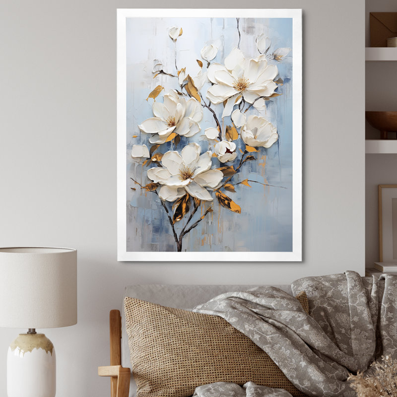 «Magnolias Bloom In White III», reproduction sur toile, Cadre photo blanc, H 40 po x l 30 po