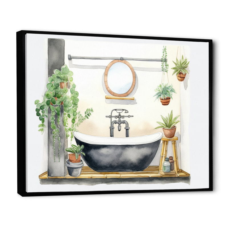 «Natural Bathroom Decor I», reproduction sur toile, Cadre flottant noir, H 34 po x l 44 po x P 1,5 po
