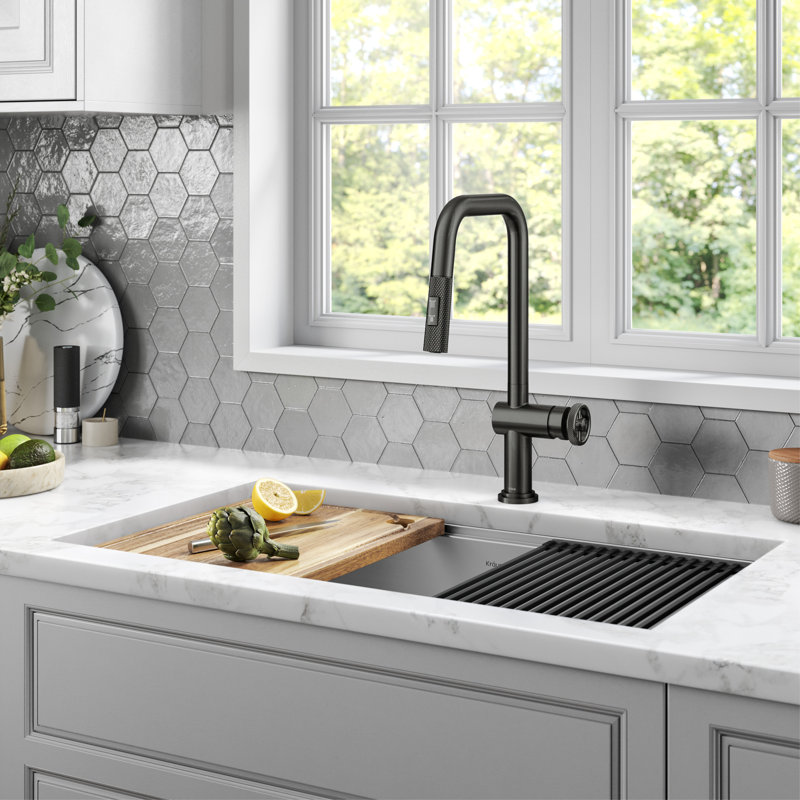 Urbix Industrial Pull-Down Single Handle Kitchen Faucet, Black Stainless
