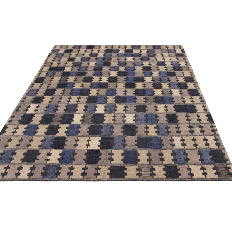 Scandinavian Hand Knotted Wool Geometric Area Rug, Rectangle 8' x 10'