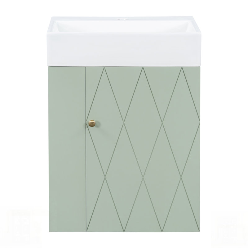 Meuble-lavabo de salle de bain avec lavabo en céramique, porte à motif de losanges et tablettes latérales - idéal pour les petits espaces modernes