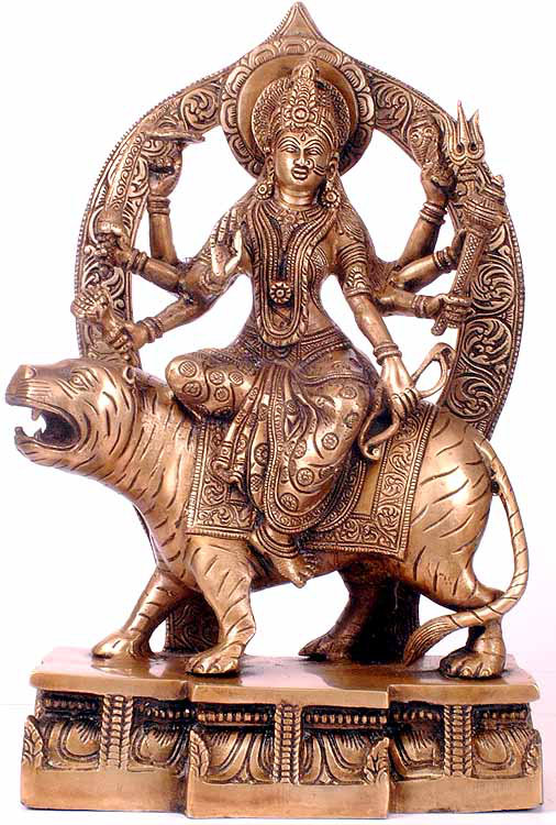 15" Simhavahini Devi Durga Brass Statue – Natural Brass Handmade Indian Eight-Armed Warrior Goddess Sculpture for Home Temple Decor