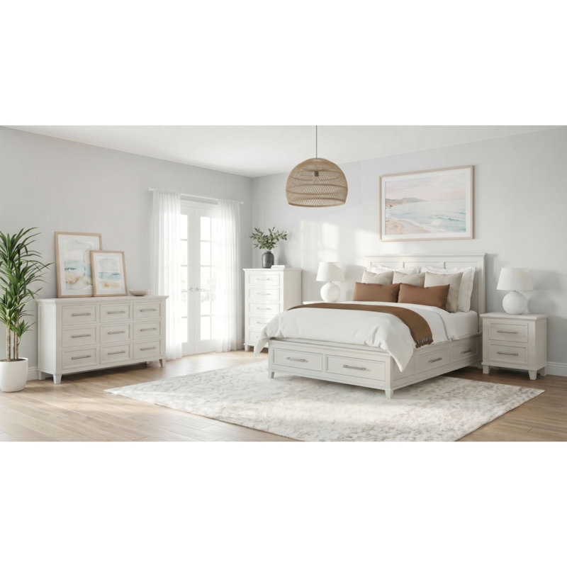 Ensemble de chambre avec grand lit 5 pièces Muret, Ivory, 5 Pcs: Bed, 2 Dressers, 2 Nightstands, King