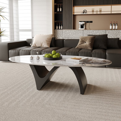 51" Modern Oval Coffee Table, Glossy Sintered Stone Table top With N-Shaped-Steel Base