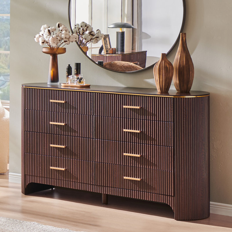 Modern 8 Drawers Dresser for Bedroom, 54" Wide Dressers & Chest of Drawers w/Curved Profile Design, Brown Oak, Brown