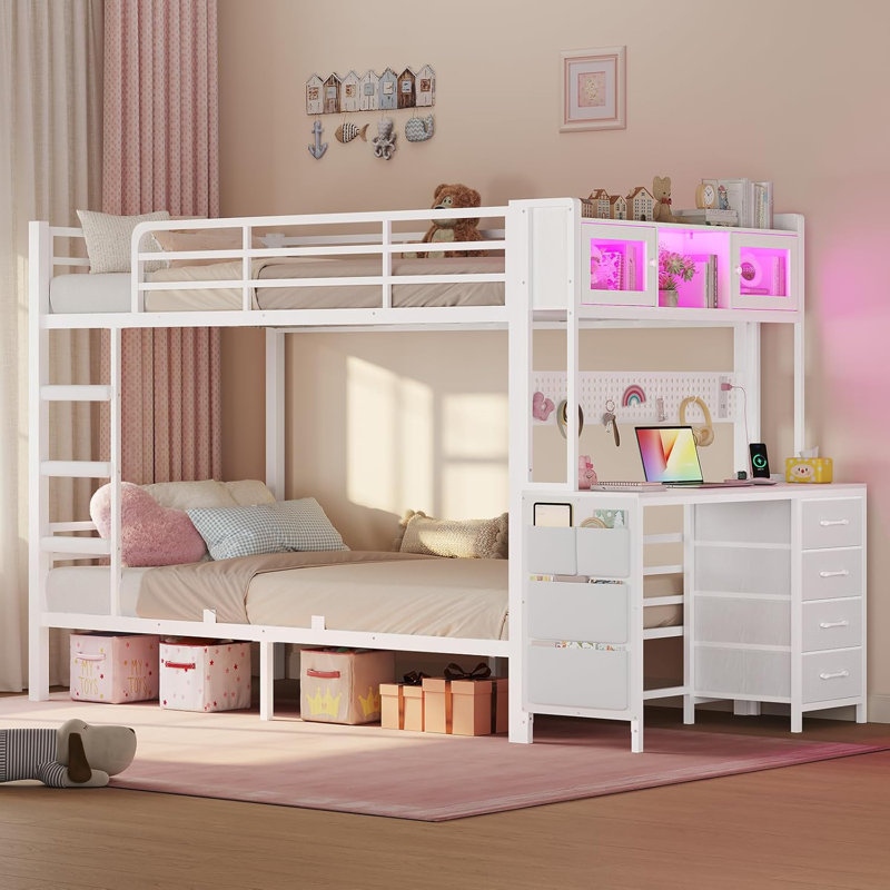 Twin Over Twin Bunk Bed With Desk,Twin Size Bunk Beds With Led Light & Charging Station & Storage Drawers,Metal Bed With Safety Guardrail & Ladder,For Kids & Teens,Space Saving