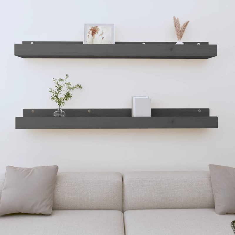 Kursty 2 Piece Pine Solid Wood Bracket Shelf, Grey, 9cm H x 110cm W x 12cm D