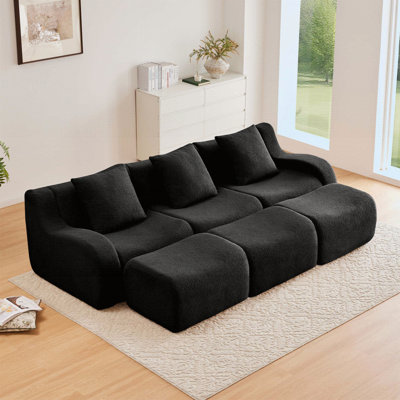Three-Seat Boneless Sofa High-Quality Teddy Fabric, No Assembly Required Curved Armrest Anti-Slip Design Ergonomic Design, Assembly Chaise 32D High Density Sponge
