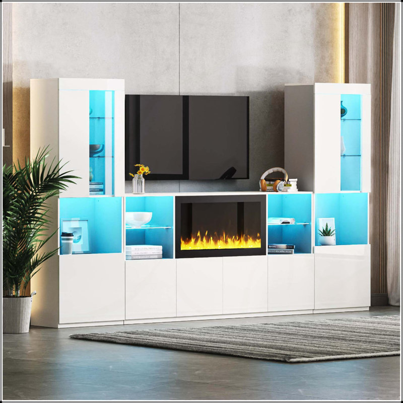 Meuble télé avec foyer électrique non chauffant, Blanc