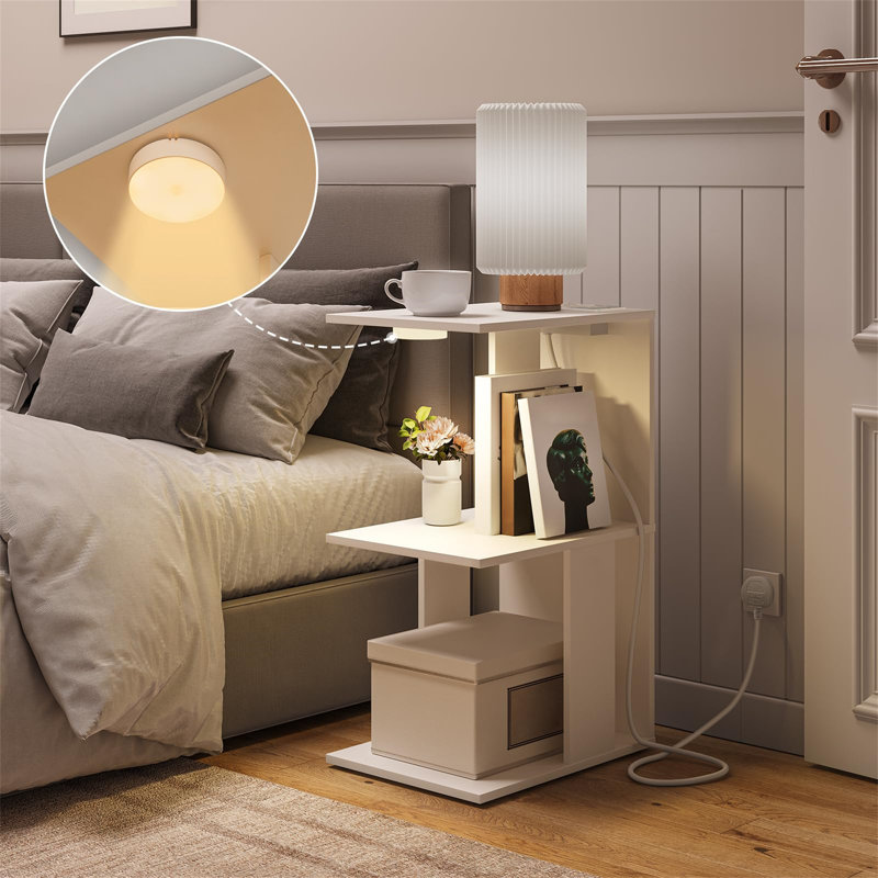 Side Table With Charging Station, Narrow Side Table With USB Ports And Sockets For Small Spaces, Bedside Table With Lamp, Narrow Table For Living Room