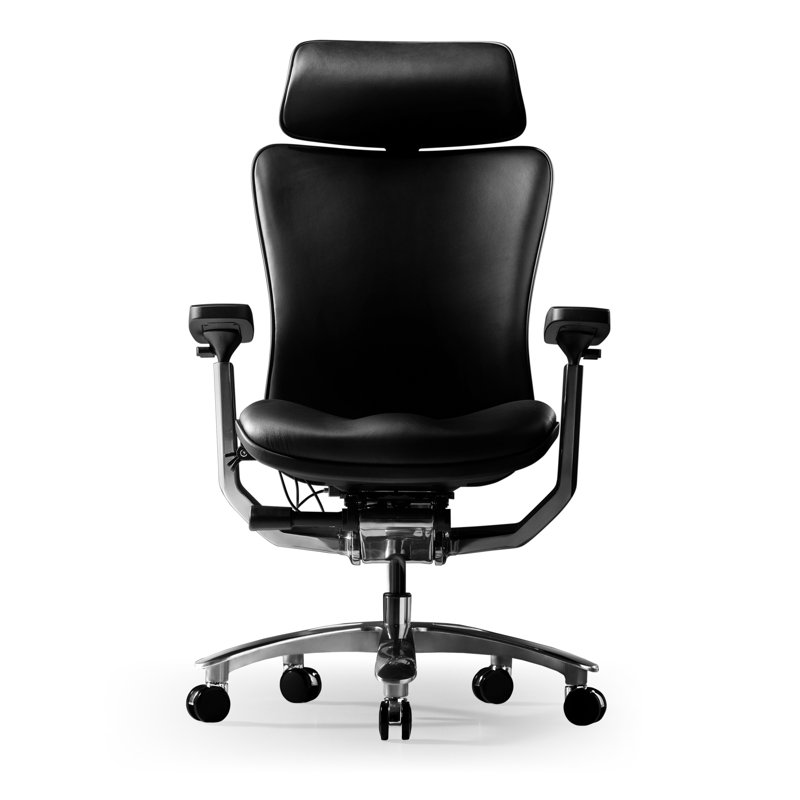 Fauteuil de bureau en cuir véritable, cuir de vache, fauteuil de direction ergonomique pour chef, avec base dorée, accoudoir réglable, appui-tête, soutien lombaire et dossier inclinable - Luxe et commercial