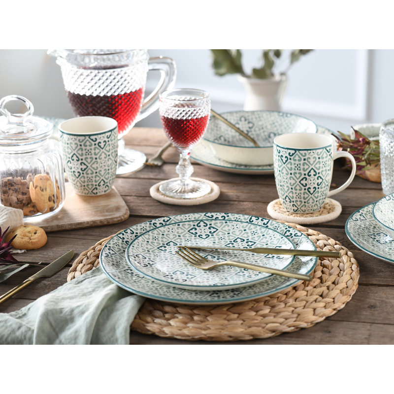 Yara Dinnerware Set 16 Piece - Service for 4, White/Green