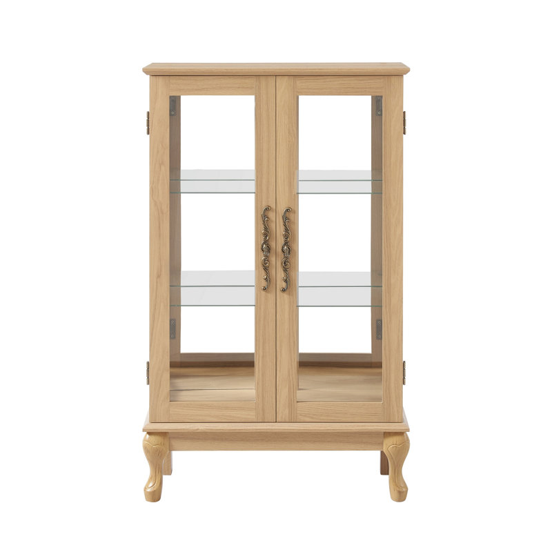 Élégante armoire vitrée en chêne clair avec portes en verre trempé, lumière DEL, panneau arrière en miroir et tablettes réglables - rangement parfait pour la maison et le bureau