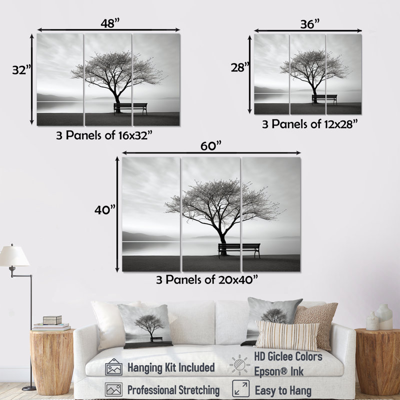 «Black and White Lakeside Nature Serenity - Lakes Lakehouse», ensemble d'art sur toile, Toile tendue