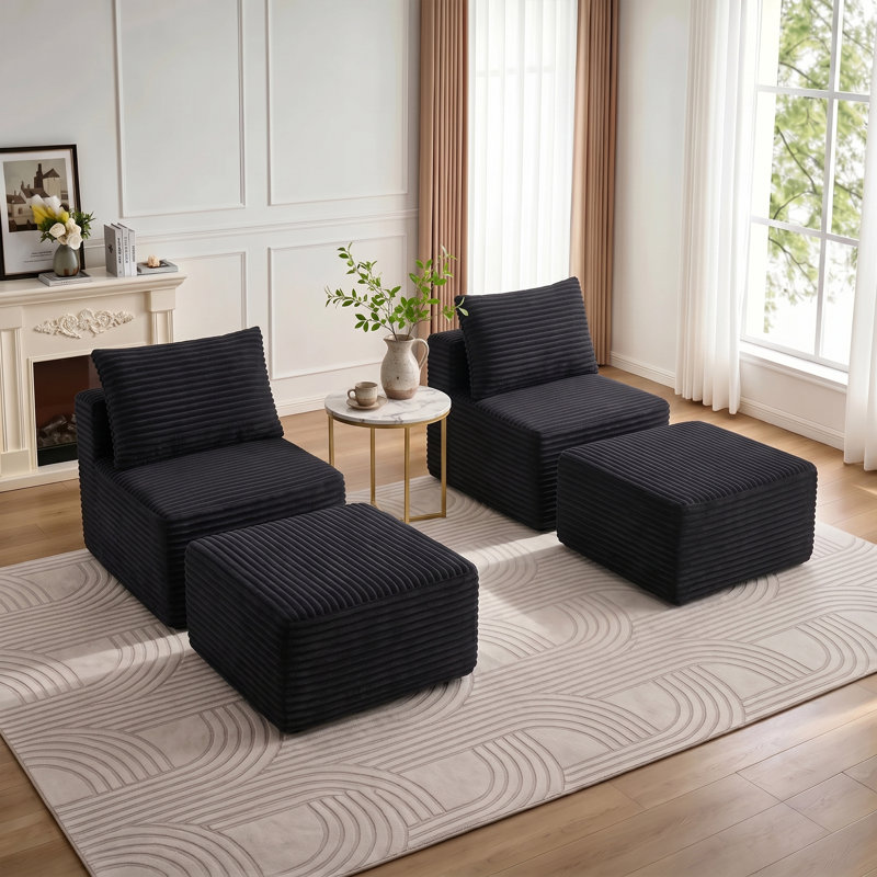 Armless Bean Bag Chair & Lounger Fireside Chair, Mid Century Foam Chair, Black Corduroy