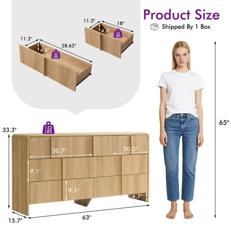 Modern 7-Drawer Dresser with Fluted Fronts & Curved Corners, 63" Wide Storage Chest with Integrated Pine Handles, Tan