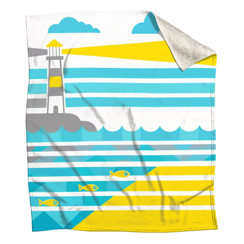 Couvertures illustrées de paysages marins avec phare, L 50 po x H 60 po, Jaune et bleu ciel vif