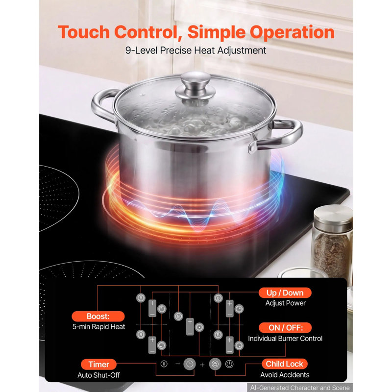 Surface de cuisson à induction, 30 po, 5 brûleurs, surface de cuisson magnétique intégrée de 9 200 W, écran tactile DEL, 9 niveaux de chauffage, 220 V