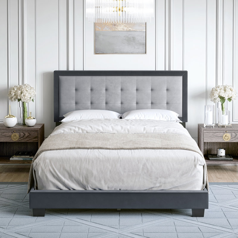 Gray Velvet Tufted Upholstered Queen Platform Bed Frame
