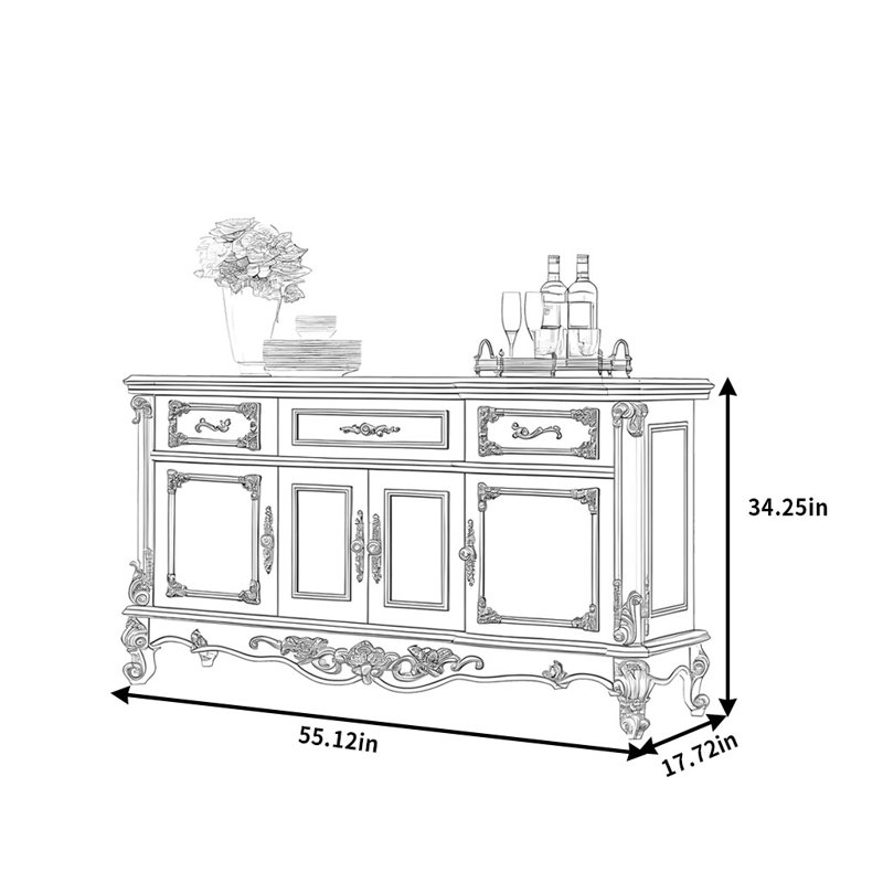 European Style Retro Carved Sideboard, 34.25" H x 55.12" W x 17.72" D