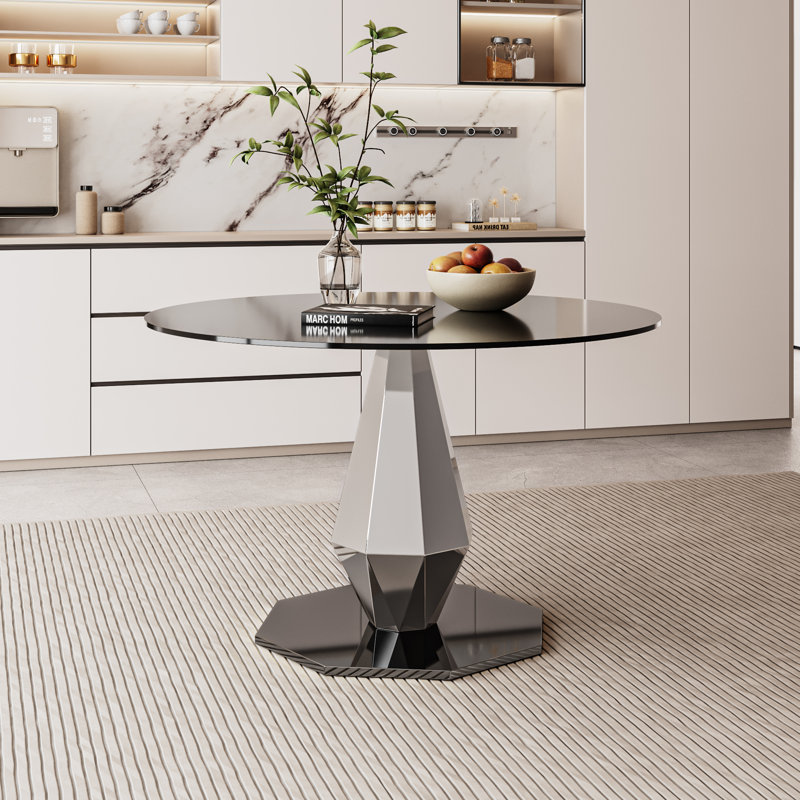 Round Pedestal Tempered Glass Dining Table, 29.50"H x 47"L x 47"W, Silver