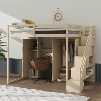 Lit mezzanine double avec escalier de rangement, meuble-lavabo combiné avec miroir et tiroir, garde-robe et armoires, ainsi que charge et éclairage USB