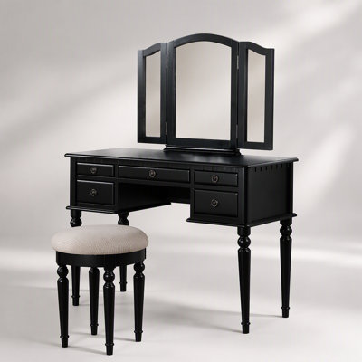 Ensemble de coiffeuse contemporaine pour chambre à coucher avec miroir pliable, tabouret et tiroirs de rangement pour un coin maquillage élégant