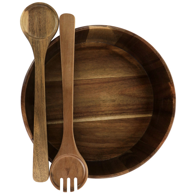 Elite Acacia Wood 15" Salad Bowl Set with Serving Utensils