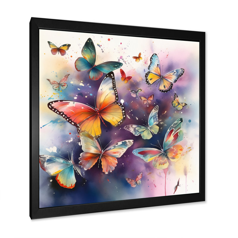 «Purple Butterflies In The Air», reproduction d'art sur toile, H 30 po x l 30 po, Cadre photo noir