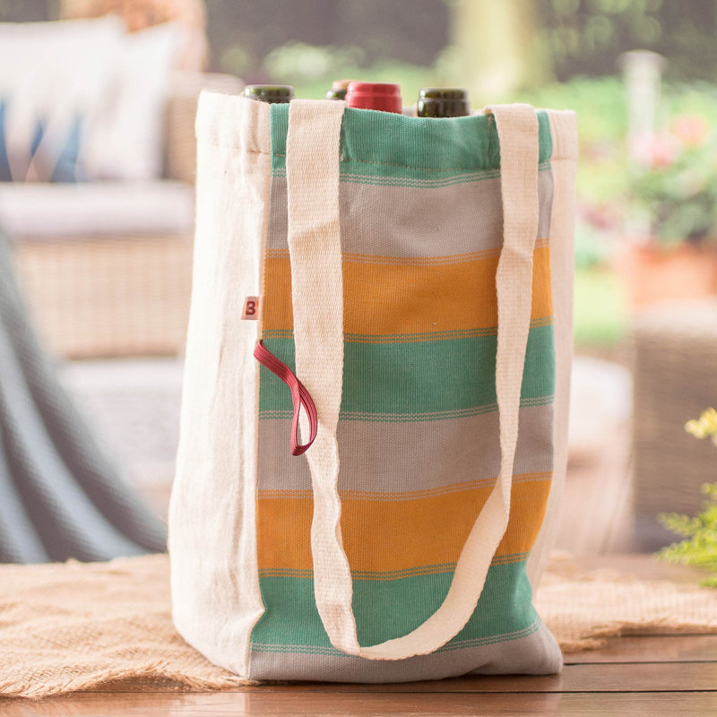 Maraja Handmade Heres to Joy Foldable Cotton Wine Bottle Bag