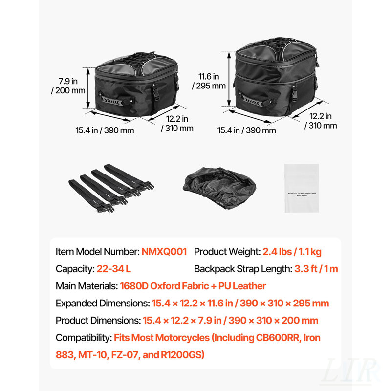 Sac de queue de moto extensible avec housse imperméable, capacité de 22 à 34 L pour un rangement et une protection polyvalents