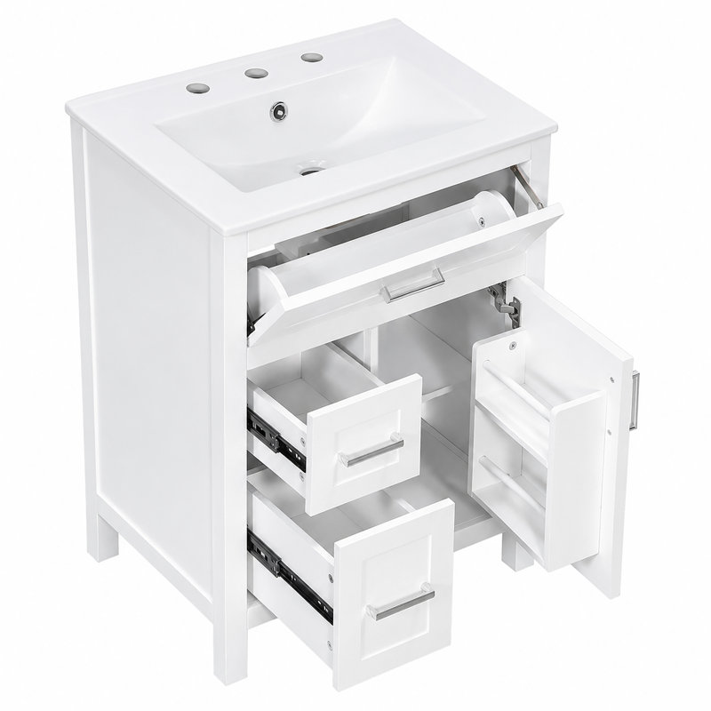Meuble-lavabo de 61 cm (24 pouces) avec lavabo en céramique, tiroir rabattable, 2 tiroirs à fermeture amortie, rangement sur la porte et tablette réglable.