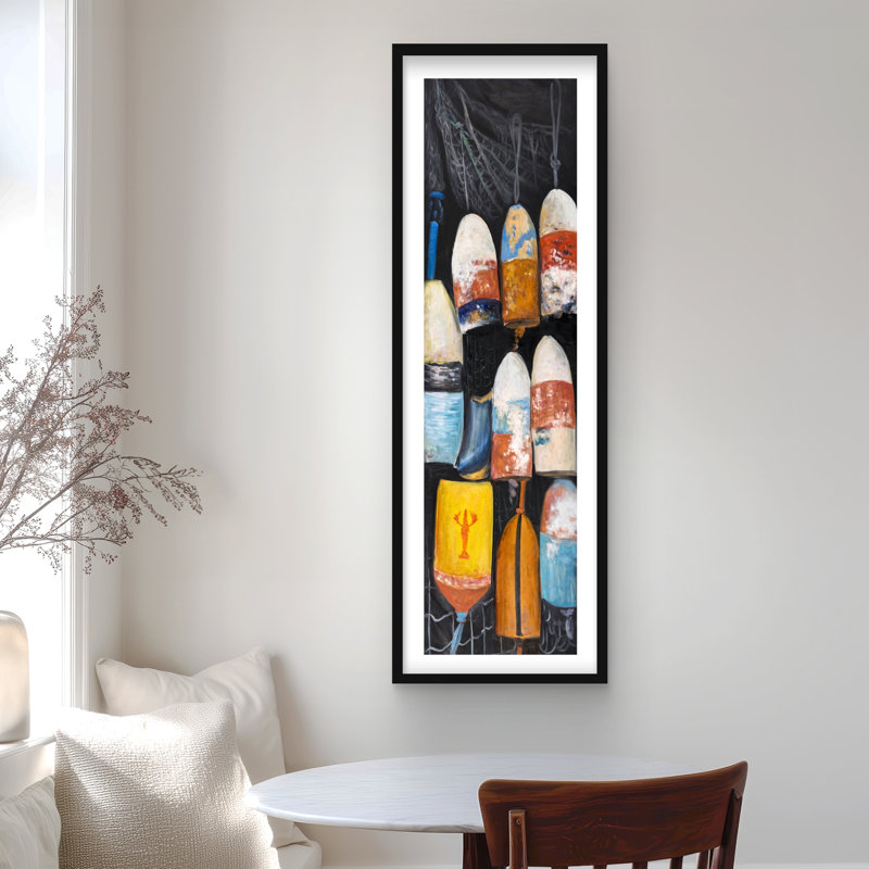 «Vintage Lobster Buoys - Black Still Life», reproduction d'art encadrée, H 48 po x l 16 po
