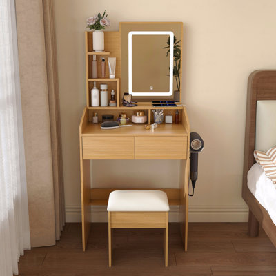 Vanity Table With Led-Illuminated Mirror, With Power Outlet, Hairdryer Holder & Stool – Compact Dressing Desk For Small Bedrooms