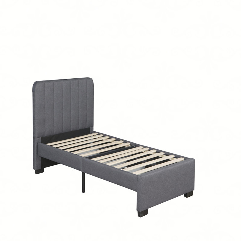 Base de lit plateforme simple avec 2 tiroirs de rangement et tête de lit avec port USB, style simple en tissu de lin, support à lattes en bois, aucun sommier requis