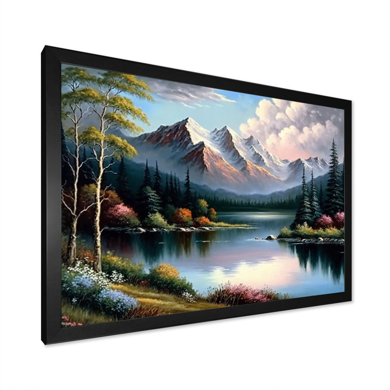 «River Quietude In The Af après-midi», paysage de montagnes, art mural sur toile, L 20 po x H 12 po, Cadre d'angle fermé noir