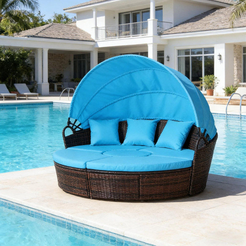 Ensemble de conversation pour l'extérieur, ensemble de mobilier modulaire de patio, lit de jour rond en rotin 4 pièces, Bleu