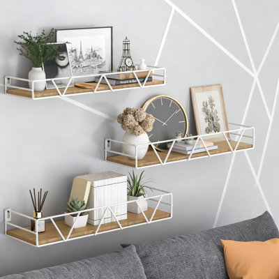 Floating Shelves Set Of 3, Solid Wood Wall Mounted Shelf With Metal Guardrail For Farmhouse Bedroom, Living Room, Bathroom, Kitchen And Office Storage