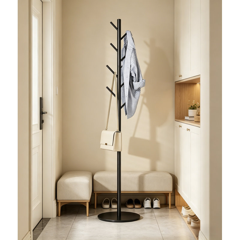 Modern Black Metal Coat Rack With 8 Hooks And 3 Adjustable Positions; Sturdy Sintered Stone Base; Versatile For Storing Clothes, Hats, And Bags.