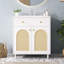 Meuble-lavabo de 76 cm avec lavabo en céramique, structure en bois massif, tablette réglable et panneaux avant pour un rangement moderne et polyvalent.