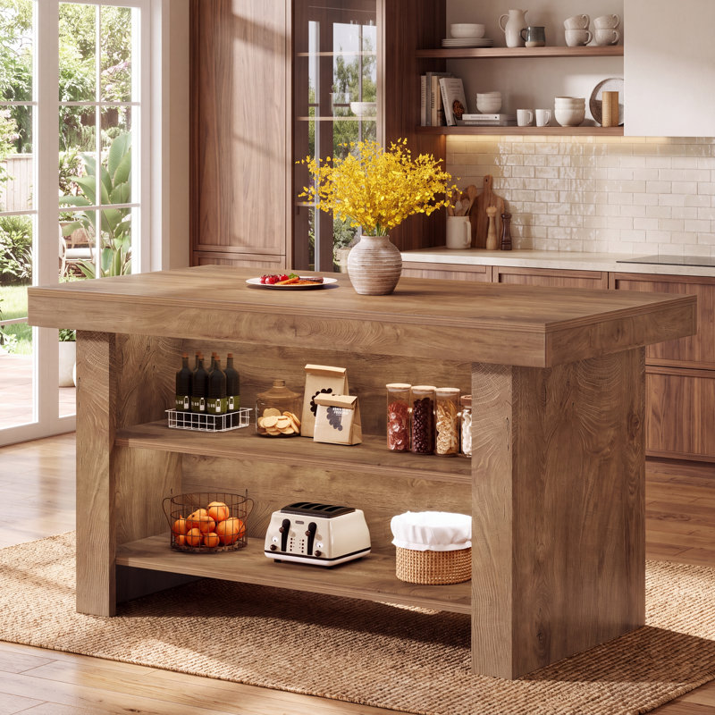 55-inch Kitchen Island With Storage, Brun, Brown