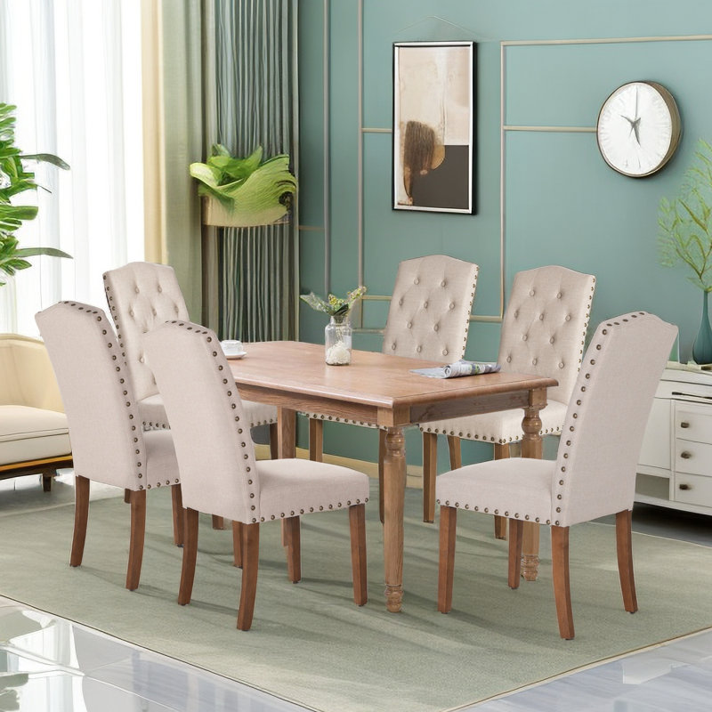 Tanee Tufted Upholstered Solid Wood Dining Chair, Beige, Brown