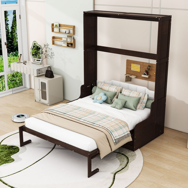 Grand lit escamotable en bois avec chaise, Espresso