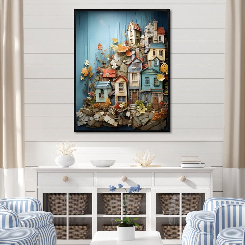 «Fishing Village Modern Collage III - Coastal Windows», art mural, H 32 po x l 24 po x P 1 po, Cadre flottant noir