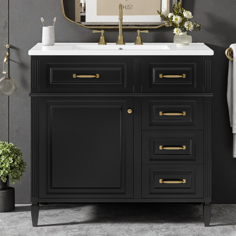 Meuble-lavabo moderne avec lavabo 36 po, armoire de rangement intelligente avec 2 tiroirs rabattables et tablette réglable, meuble-lavabo autoportant en bois massif
