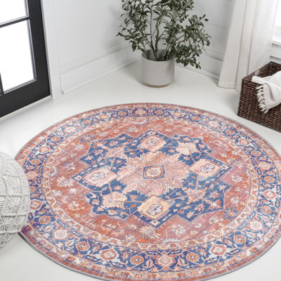 Tapis terre cuite / bleu marine lavable à la machine Ville Medallion Ville