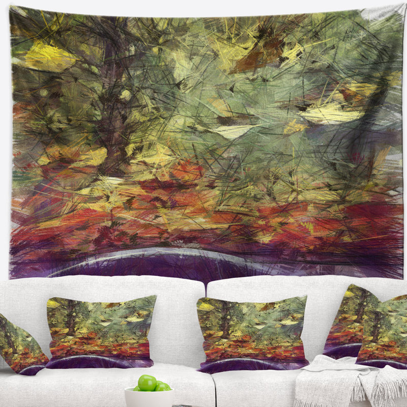 Abstrait, automne, aquarelle, dessin, paysage, tapisserie, H 32 po x l 39 po