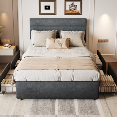 Lit moderne avec 4 tiroirs et tête de lit Candler, lit plateforme tapissier en velours, support robuste en lattes de bois et de métal, aucun sommier requis, assemblage facile