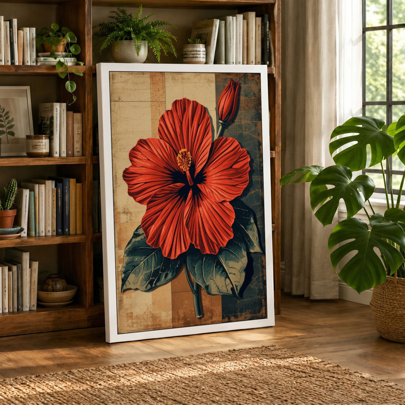 Crimson Hibiscus Botanical - Wrapped Canvas, 36x24 - 91.4 x 61.0 cm, Black Border