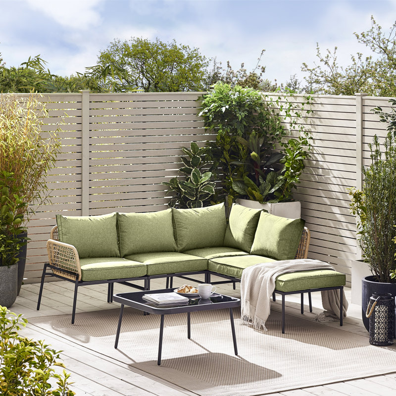 Alahni Outdoor 4-5 Seat Corner Sofa with Cushions and Coffee Table - Modern Rattan (Cover Included), Natural/Green